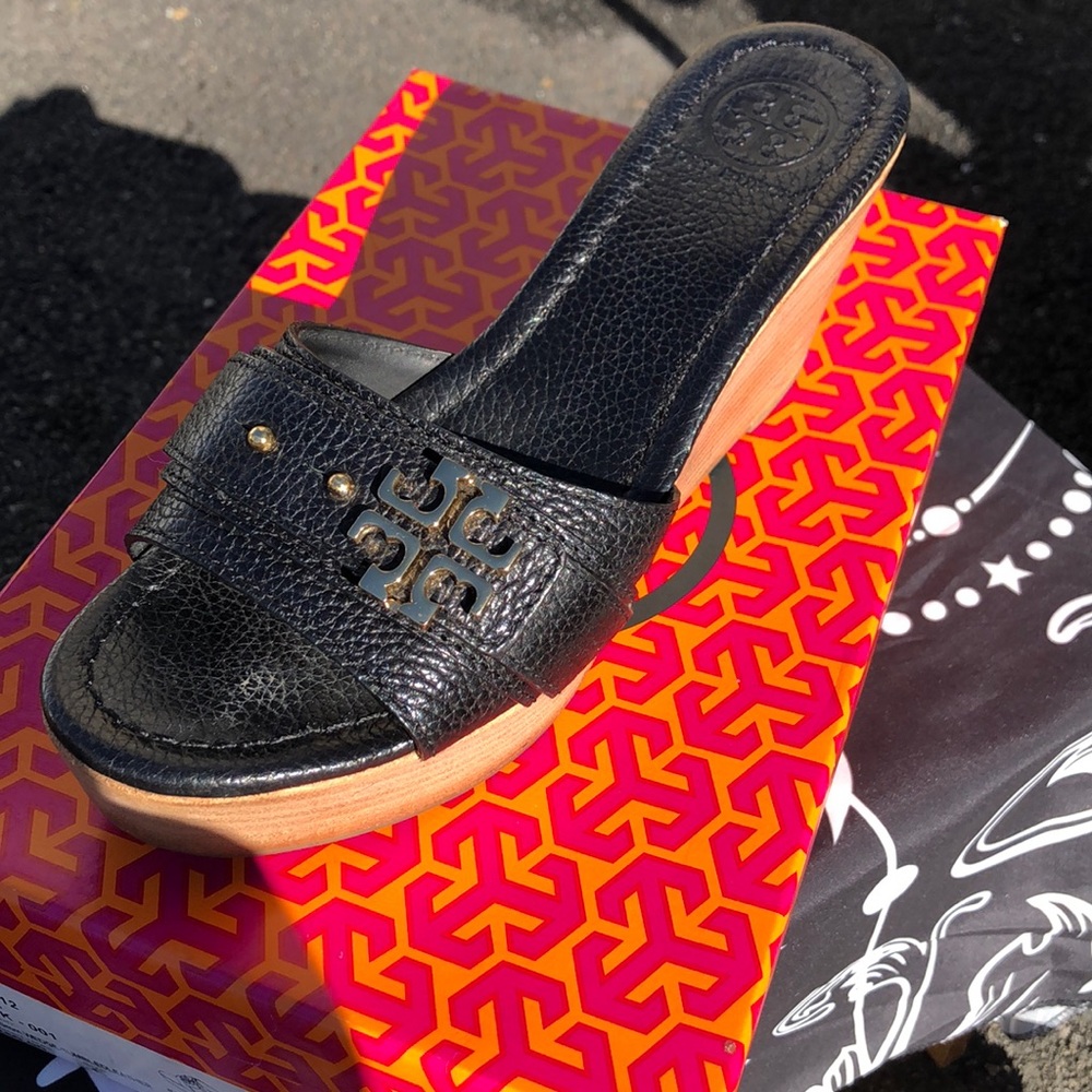 Tory Burch black wedge sandals, like new.